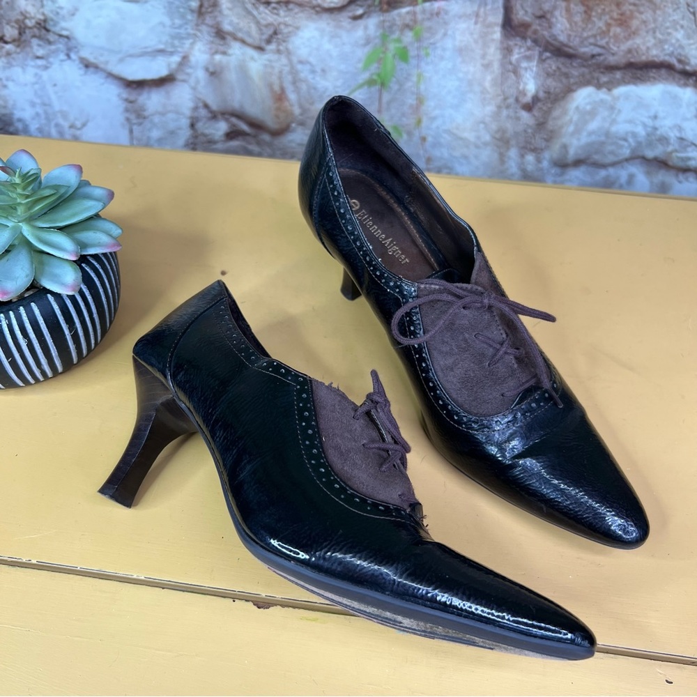 VINTAGE ETIENNE AIGNER Brown Suede & Patent Leather Spectator Oxford Heels, 8 - Picture 7 of 14